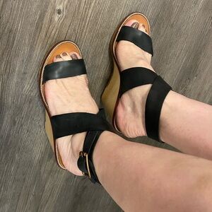 Dolce Vita Havana Black and Tan Wedge Leather Sandals